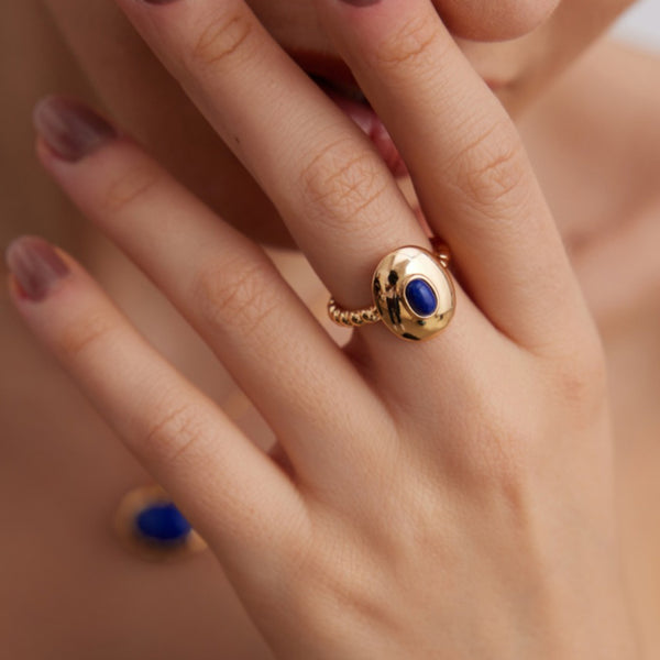 Lapis Lazuli Orb Textured Gold Ring