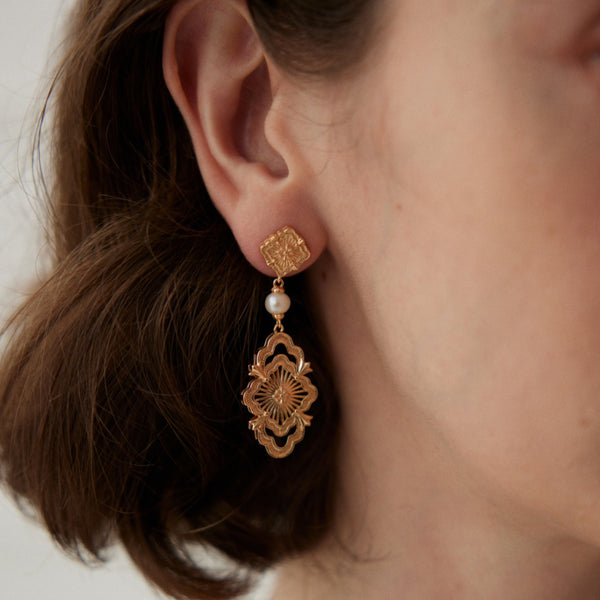 Gold Vermeil Filigree Vintage Pearl Drop Earrings
