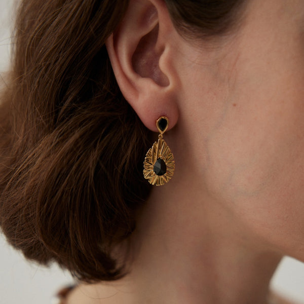 Sunburst Black Zircon Teardrop Earrings