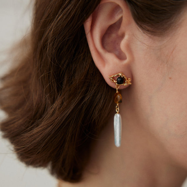 Leaf Motif Tiger's Eye Pearl Drop Earrings
