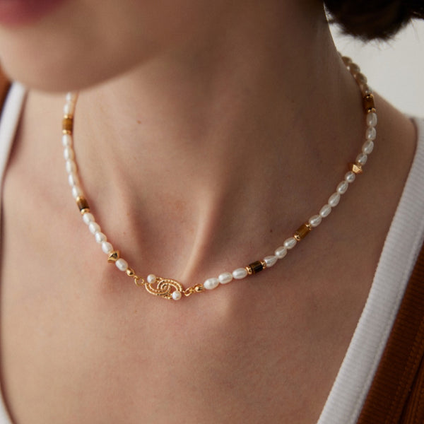 Pearl & Tiger's Eye Twist Choker