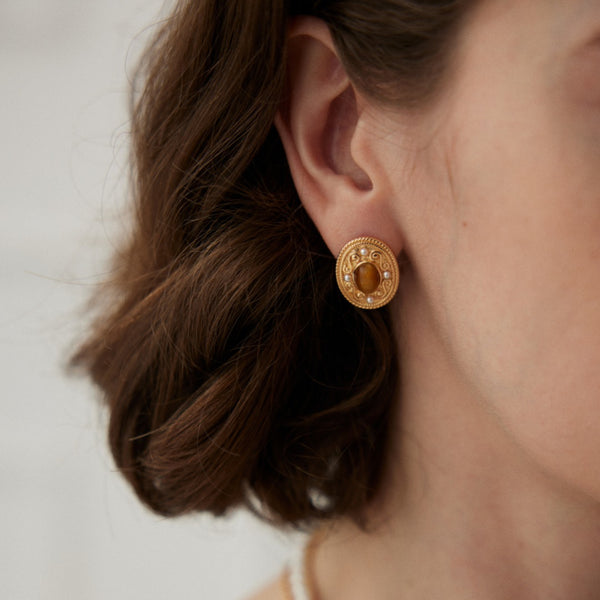 Vintage Tiger's Eye Pearl Vermeil Earrings