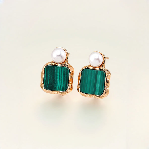 Malachite Pearl Gold - Vermeil Stud Earrings