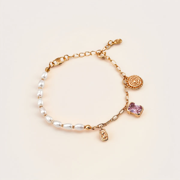 Pearl & Pink Zircon Charm Bracelet