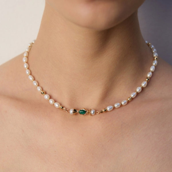 Pearl & Malachite Gold Choker Necklace