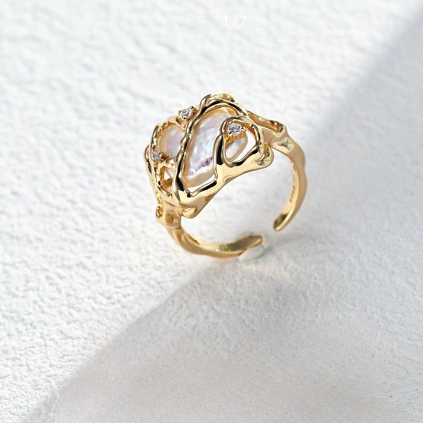 Sculptural Pearl & Zircon Open Ring