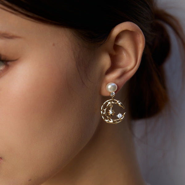 Moon-Star Pearl Zircon Drop Earrings
