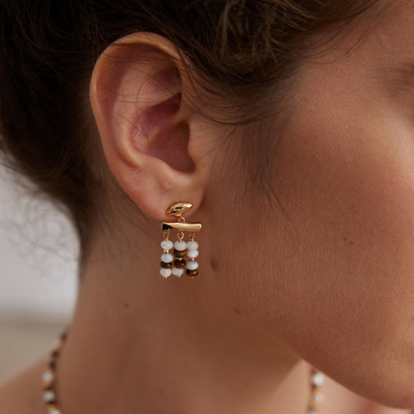 Layered Tiger's Eye & Pearl Vermeil Drop Earrings