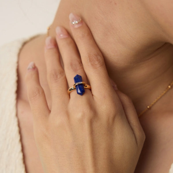 Lapis Crystal Point Gold Band Ring