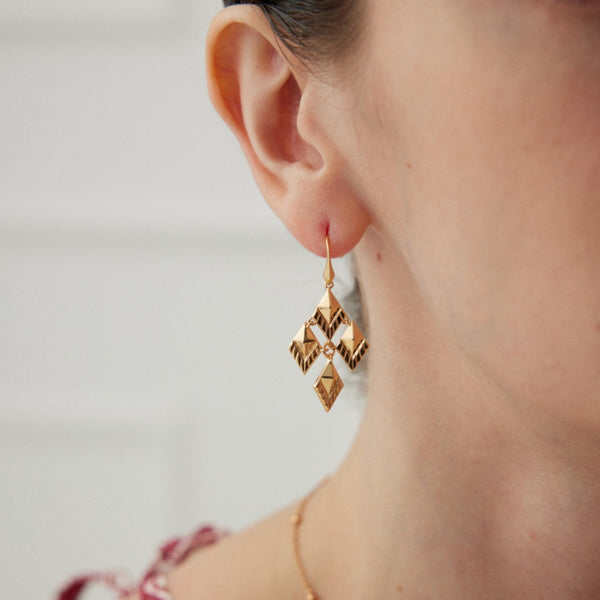 Vintage Gold - Plated Geometric Diamond Drop Earrings