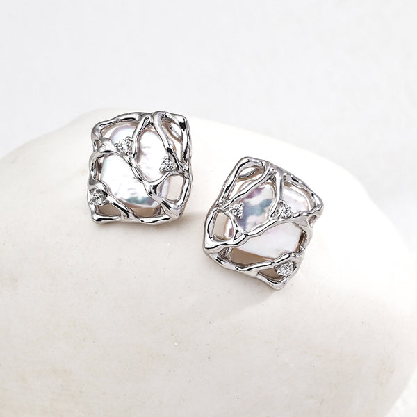 Twisted Square Pearl Zircon Earrings