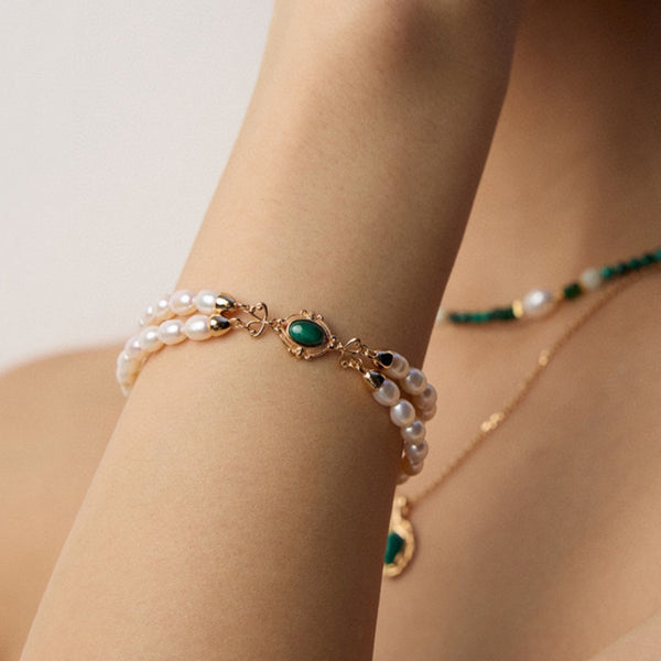 Double - Strand Pearl & Malachite Vintage Gold Bracelet