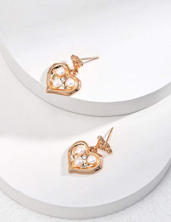 Gold Vermeil Pearl - Inlaid Heart Drop Earrings