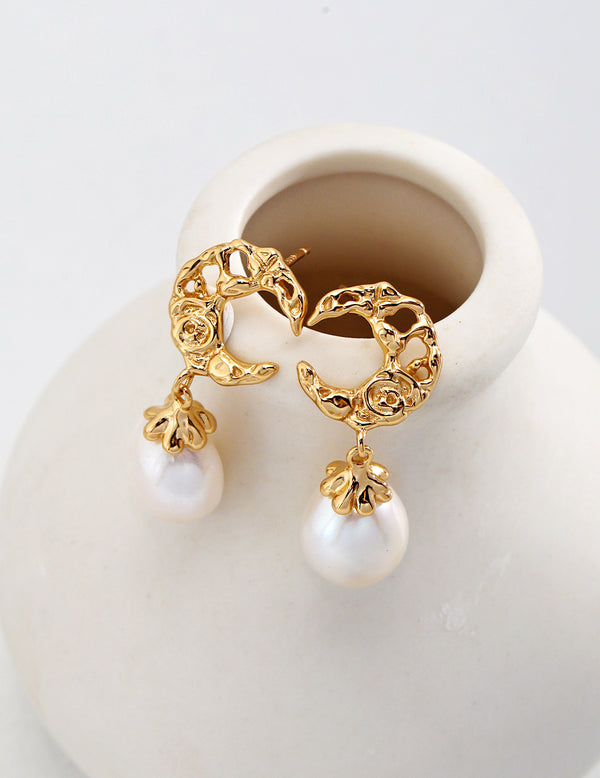 Gold Vermeil Moon & Star - Pearl Drop Earrings