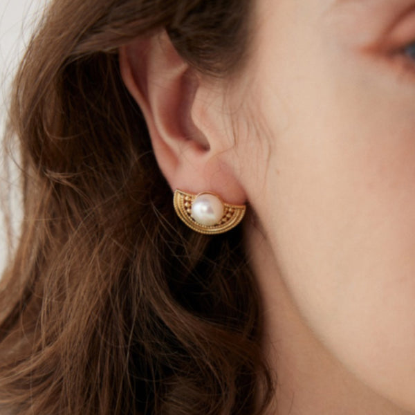 Vintage Fan - Shaped Natural Pearl Earrings