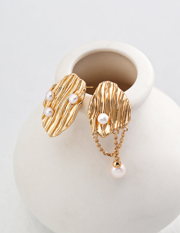 Gold Leaf - Textured Asymmetric Pearl Drop Earrings