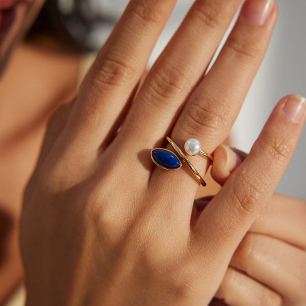 Lapis Pearl Double Band Ring