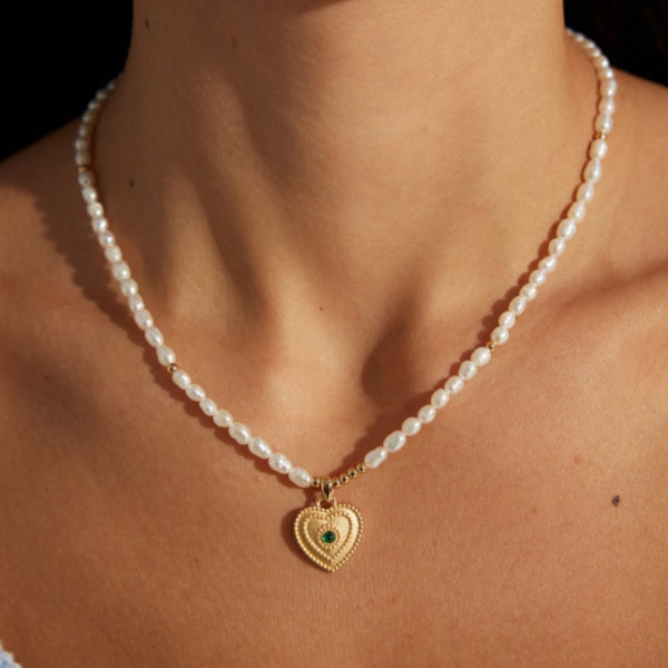 Vintage Heart Pearl Zircon Gold Vermeil Necklace
