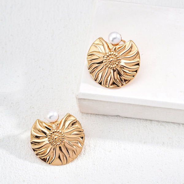Gold - Embossed Floral Natural Pearl Earrings
