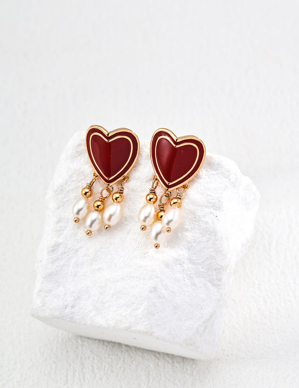 Red Enamel Heart & Natural Pearl Drop Earrings