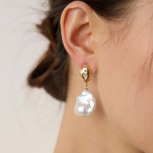Geometric Gold Zircon & Natural Pearl Drop Earrings