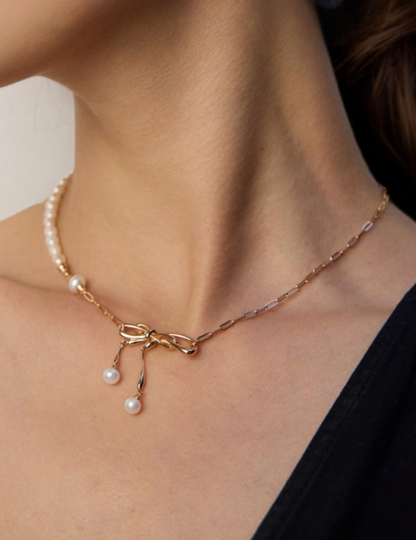 Delicate 18K Gold Vermeil  Bow Pearl Necklace