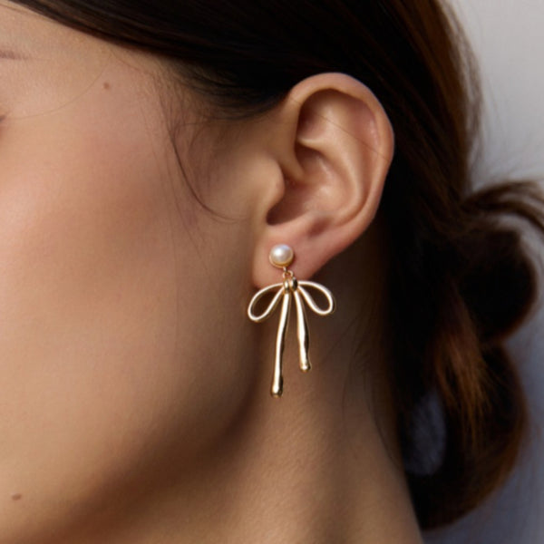 Gold - Vermeil Bow Natural Pearl Drop Earrings