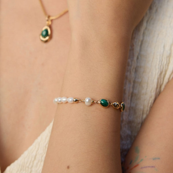 Vintage Gold Vermeil Malachite & Pearl Adjustable Bracelet