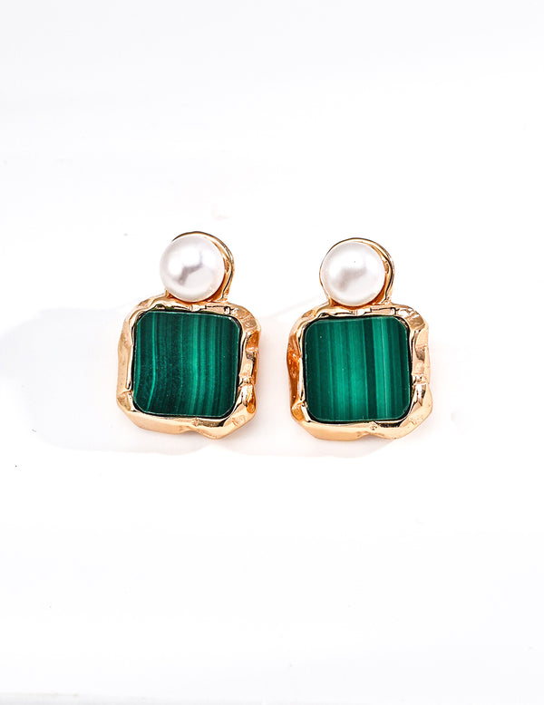 Malachite Pearl Gold - Vermeil Stud Earrings